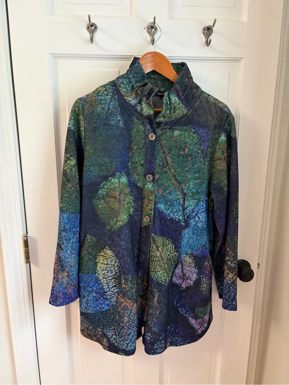 INC International Concepts Navy Multicolor Leaf-Print Trench Coat
